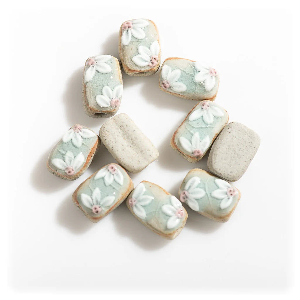 Handmade Vintage Flower Ceramic Beads, 17mm, 5pcs