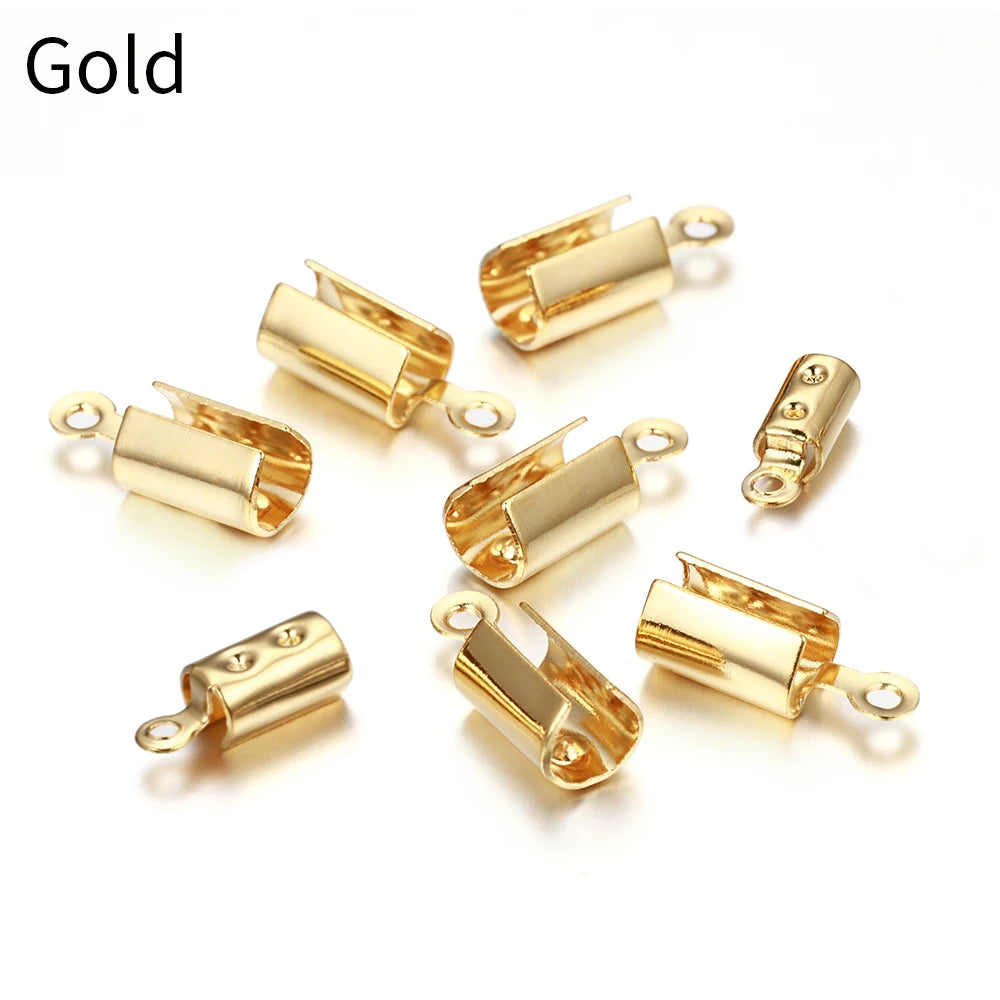 Stainless Steel Leather Cord Crimp Beads, End Caps, Connectors, Rhodium or Gold, 30pcs