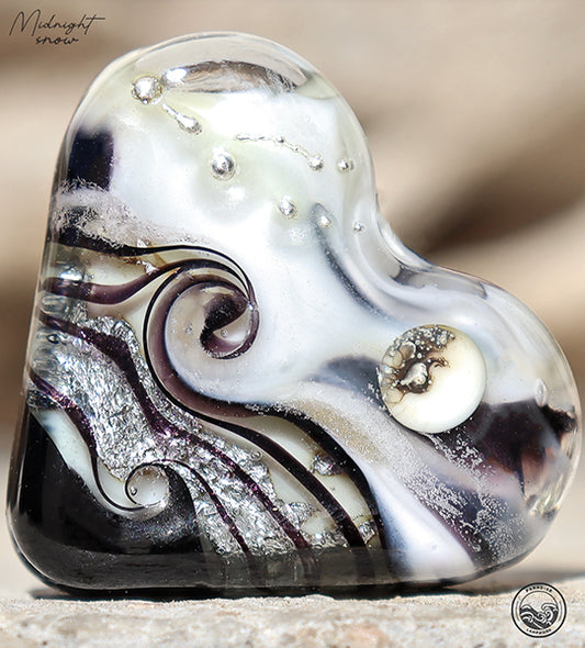 Midnight Snow Heart Focal Bead, Handmade Glass Art Beads for Jewelry design