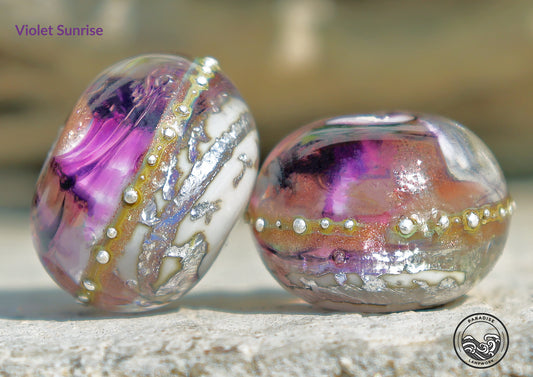 Violet Sunrise Lampwork Round Bead Set, Handmade Glass Art Beads for Jewelry design