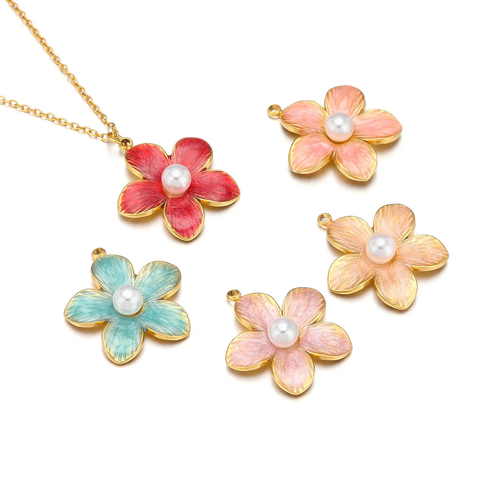 Enamel Flowers, Single Hole Charms, Stainless Steel, 5pcs