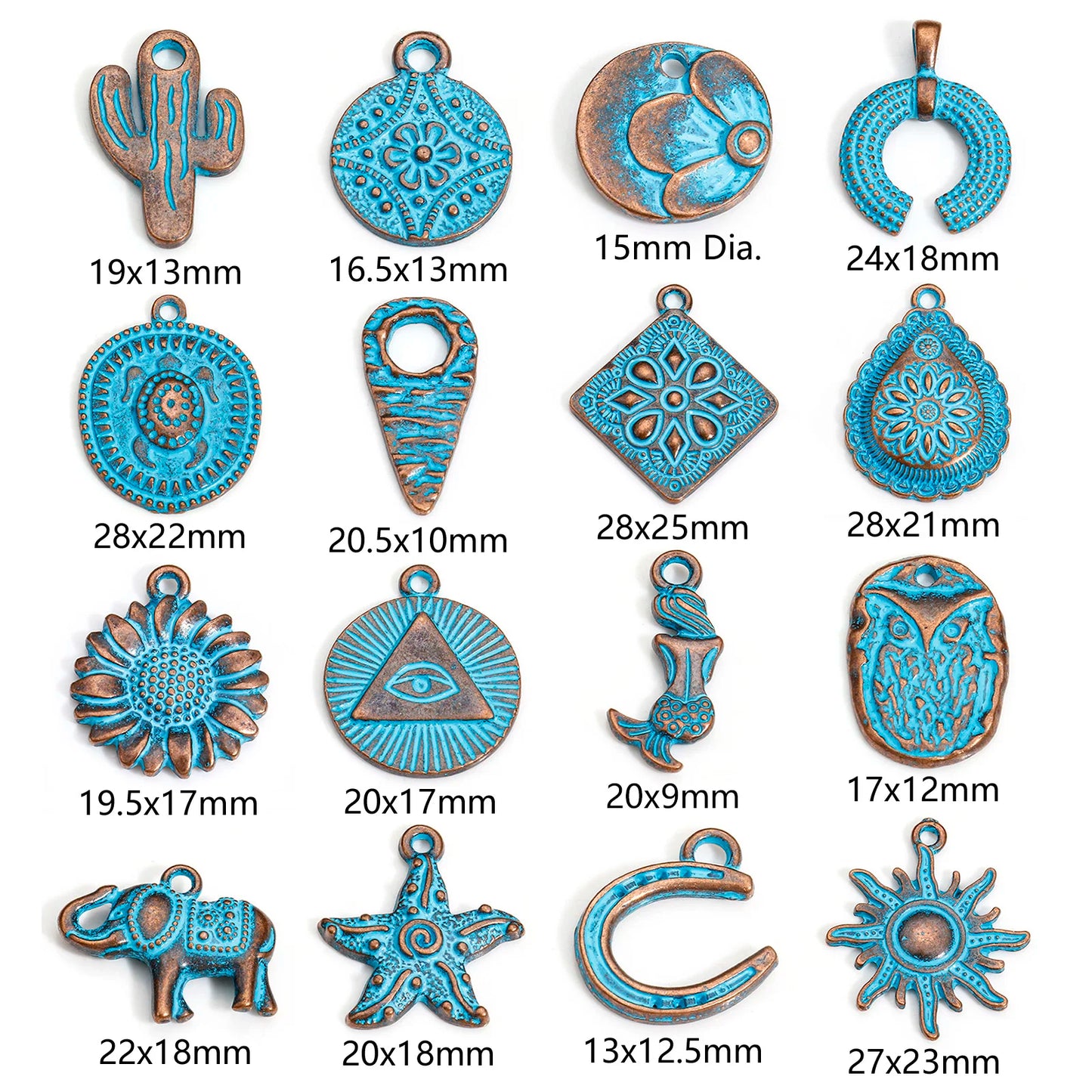 Bohemian Ocean Jewelry Charms  in Antique Copper Blue Patina 20pcs