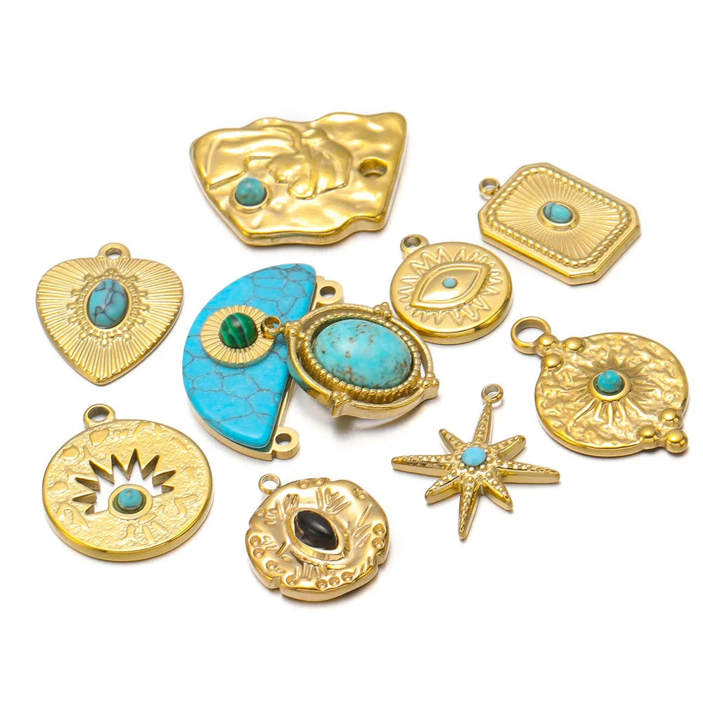 Turquoise & Gold Plated Stainless Steel Pendants, Connector Charms, 5pcs