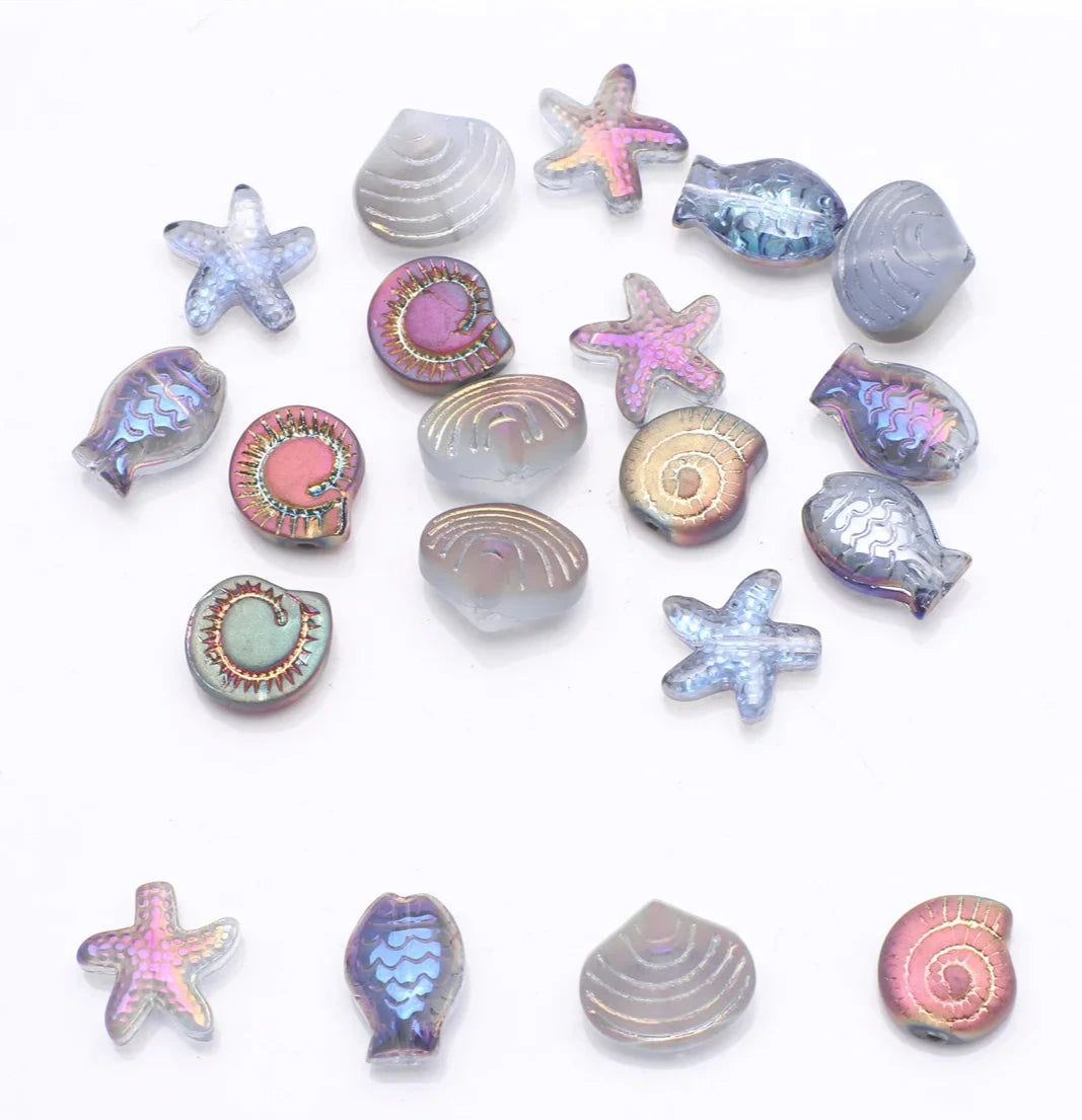 Crystal Ocean Collection, 20Pcs Mixed Glass Beads,  Starfish /Snail /Shell /Small Fish