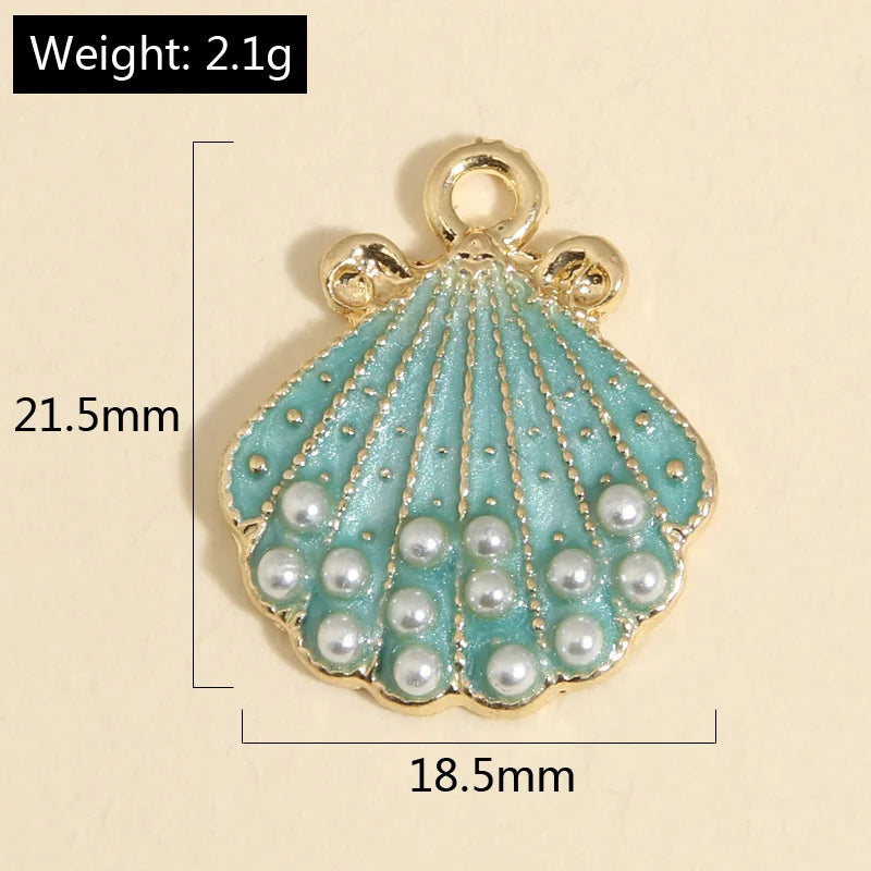 Turquoise Mint and Gold Enamel Shell Pearl Charms 21.5x18.5mm, 5pcs