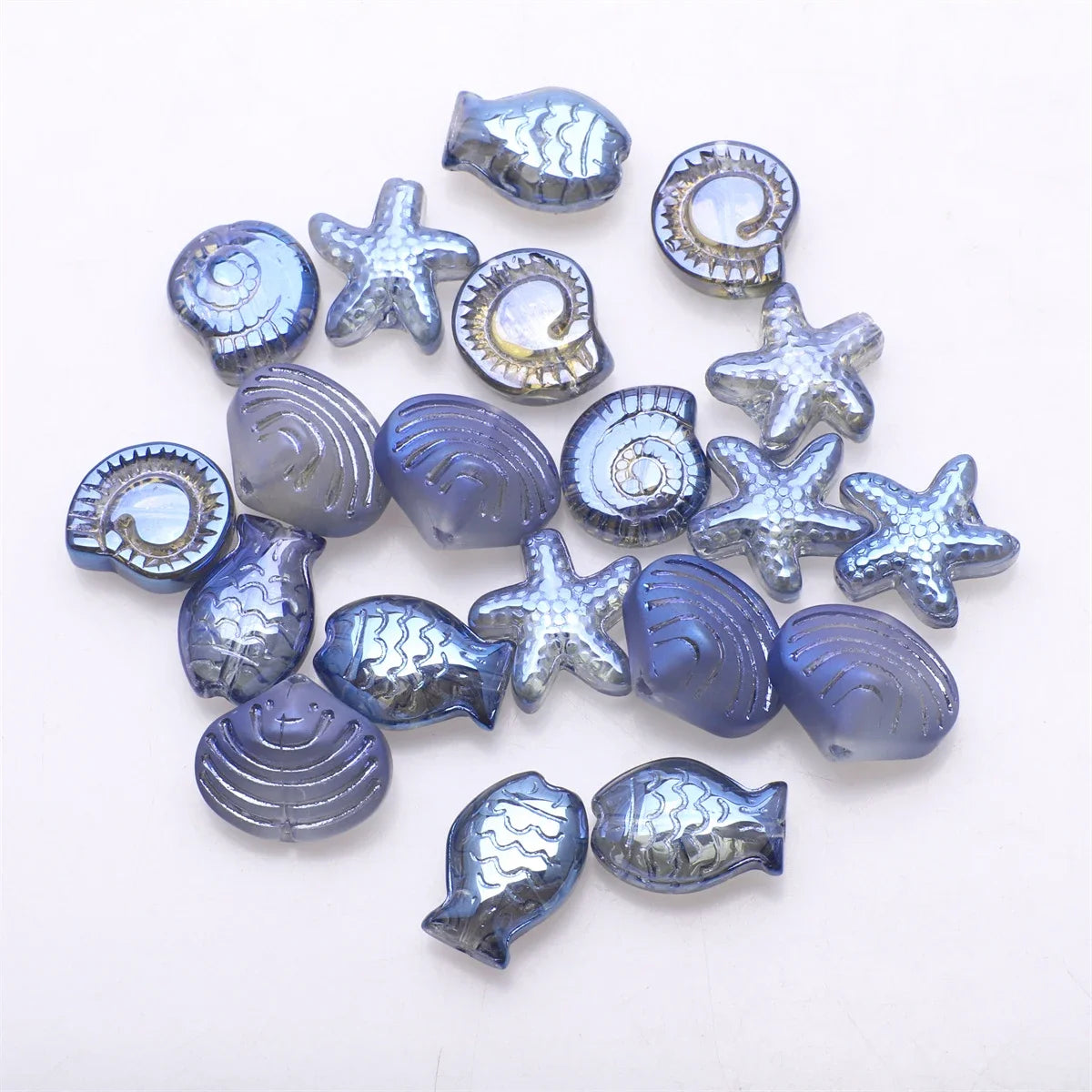 Crystal Ocean Collection, 20Pcs Mixed Glass Beads,  Starfish /Snail /Shell /Small Fish