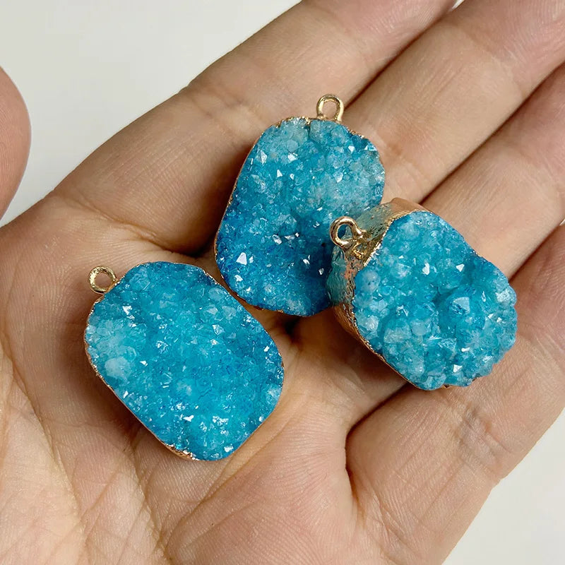 Sparkling Blue Druzy Quartz Pendants, Raw Stone Crystal Agates, Connectors and Charms, 1pc