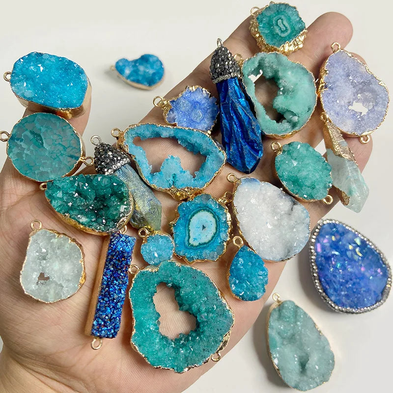 Sparkling Blue Druzy Quartz Pendants, Raw Stone Crystal Agates, Connectors and Charms, 1pc