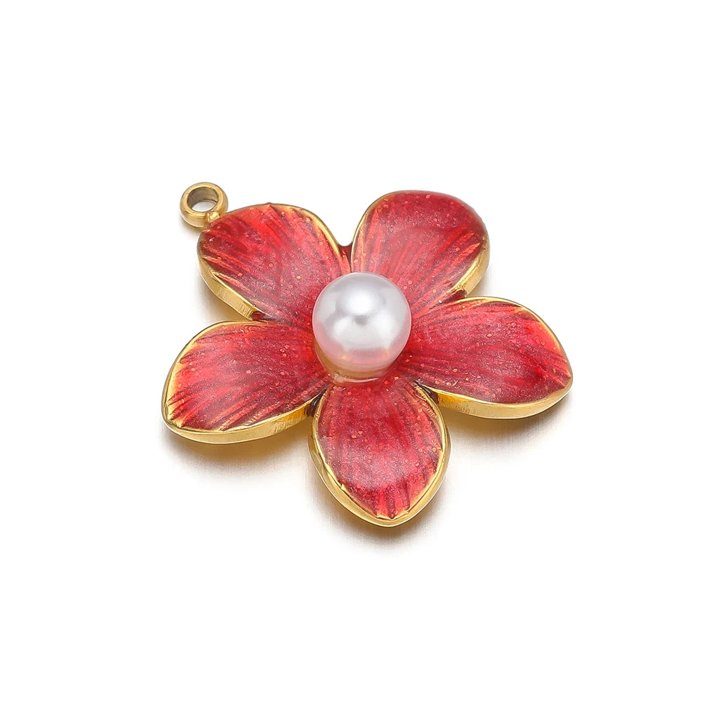 Enamel Flowers, Single Hole Charms, Stainless Steel, 5pcs