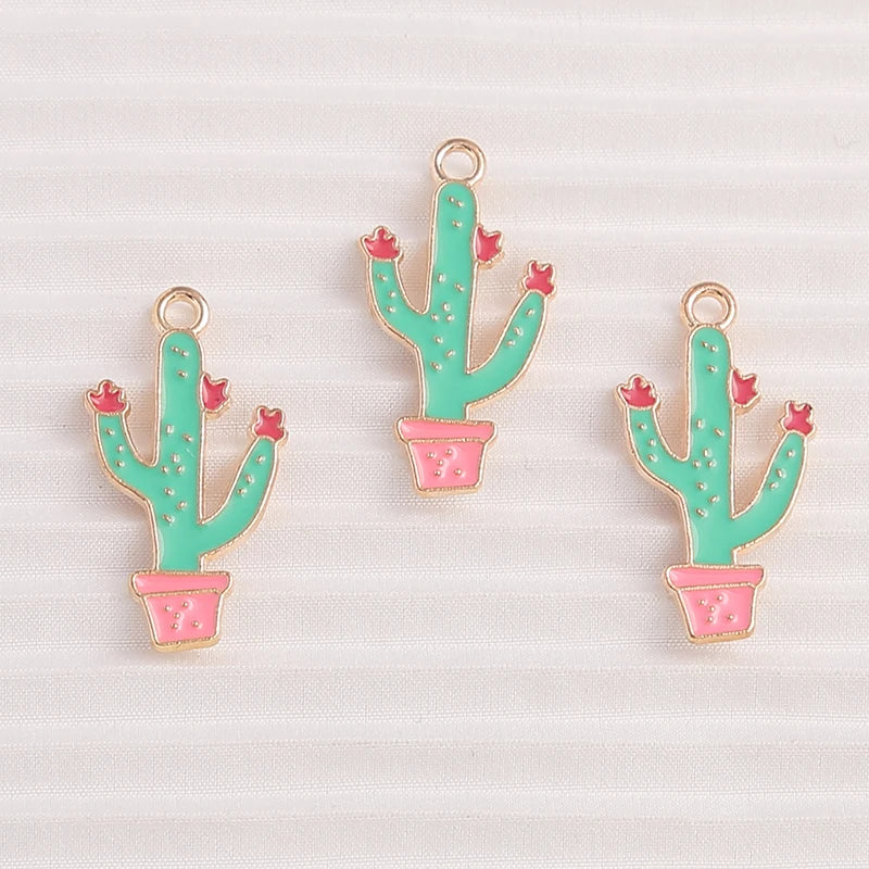 Happy Cactus and Flowers Colorful Enamel Charms, 10pcs