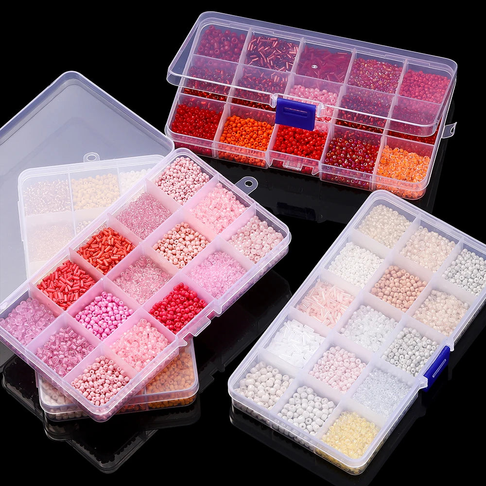 Sweet Glass Seed Bead Box Collections, 15 Grid Glass Seed Bead Sets, Spacer Beads , 2-7mm mix