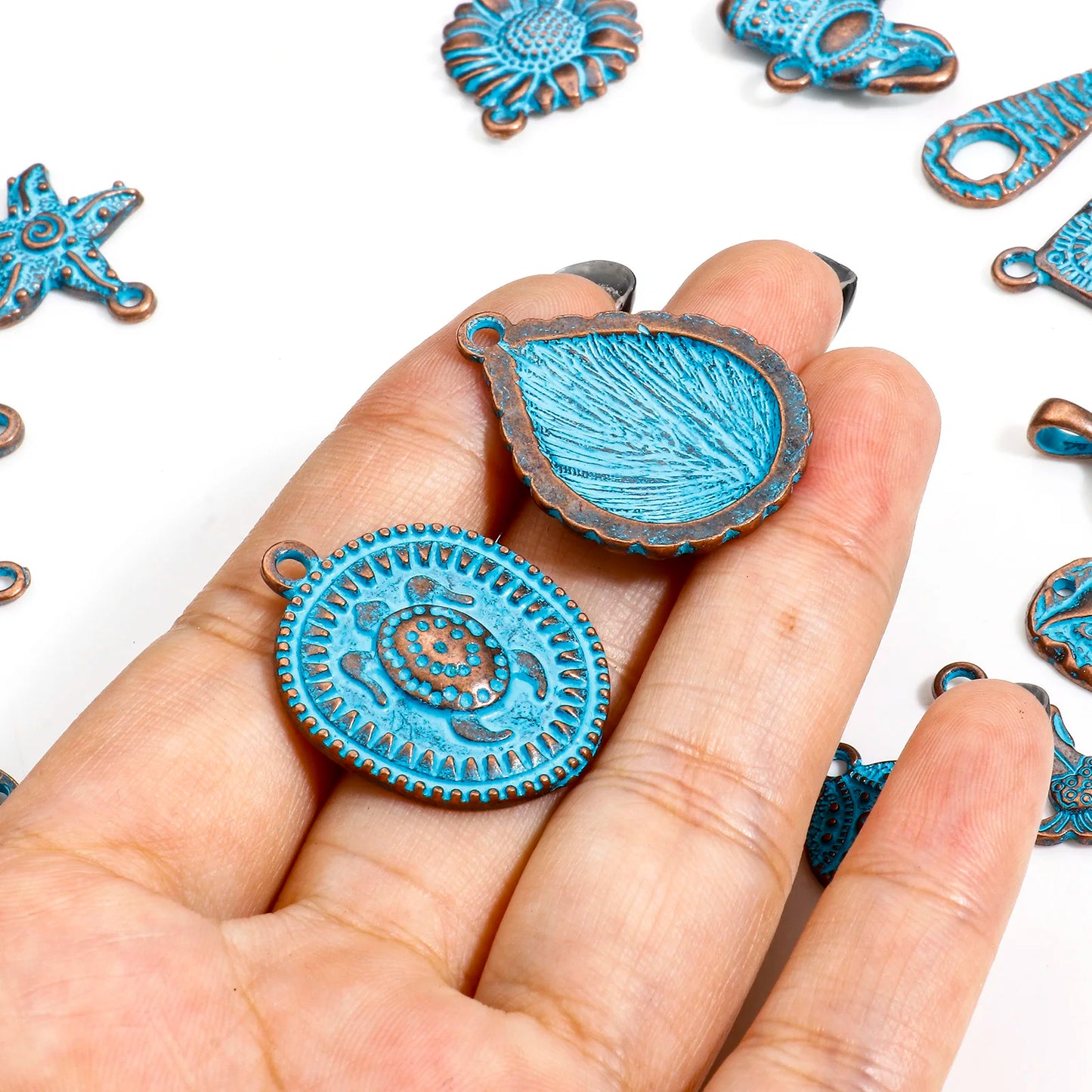 Bohemian Ocean Jewelry Charms  in Antique Copper Blue Patina 20pcs