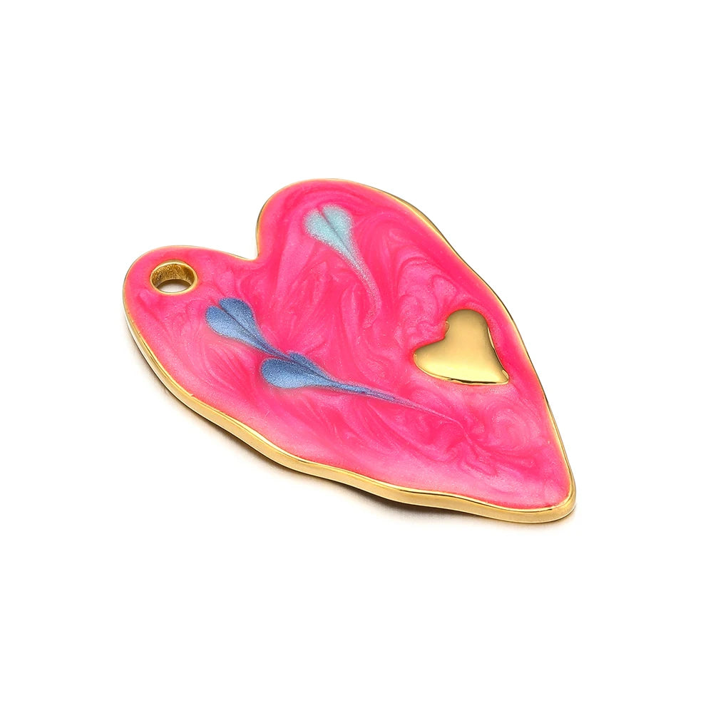 Single Hole Heart Enamel Charms, 5pcs, 18k Gold Plated Stainless Steel