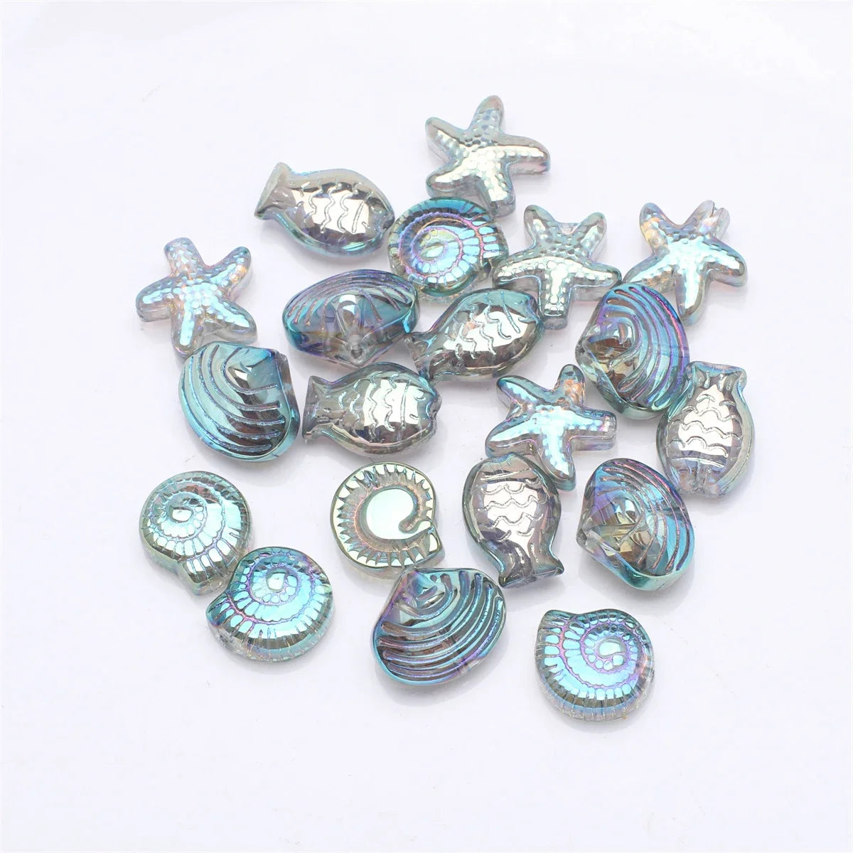 Crystal Ocean Collection, 20Pcs Mixed Glass Beads,  Starfish /Snail /Shell /Small Fish