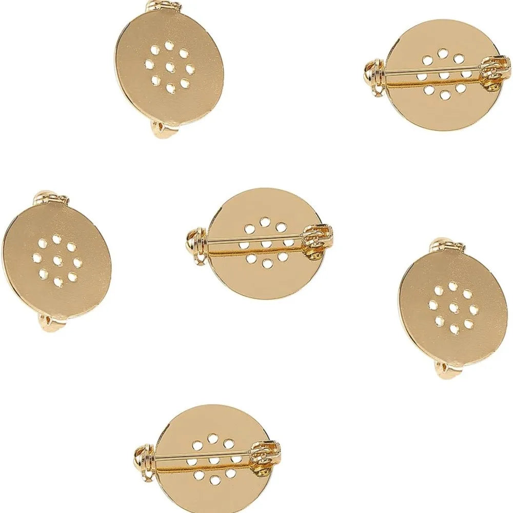 Copper Brooch Safety Pin Disk Base Cabochon Trays with Locking Clasp, 10pcs 17mm