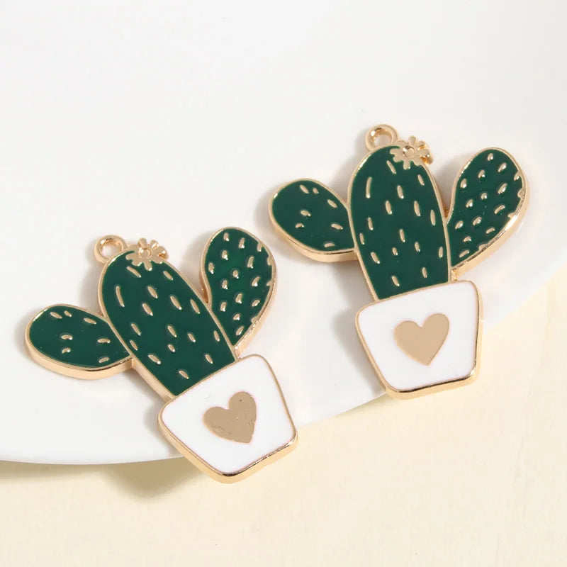 Enamel Heart Cactus Charms, 36x31mm, 5pcs