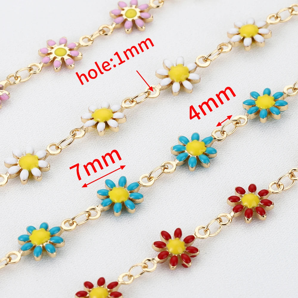 Daisy Flower Copper Chain with Enamel Beads, 1 Meter