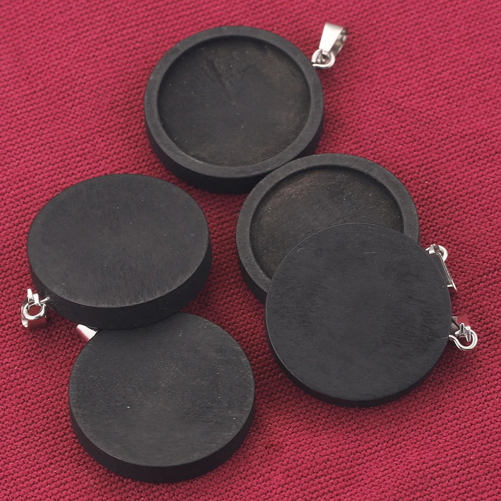 Black Cabochon Base Wooden Blank, Stainless Steel Pendant Trays, 10pcs 20/25/30mm