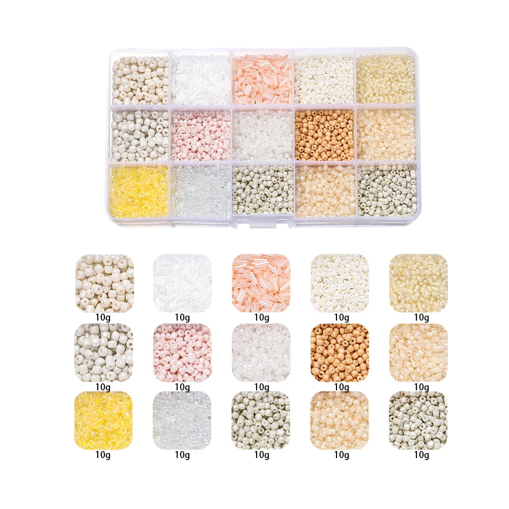 Sweet Glass Seed Bead Box Collections, 15 Grid Glass Seed Bead Sets, Spacer Beads , 2-7mm mix