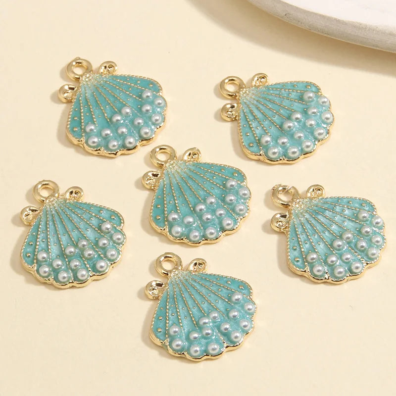 Turquoise Mint and Gold Enamel Shell Pearl Charms 21.5x18.5mm, 5pcs