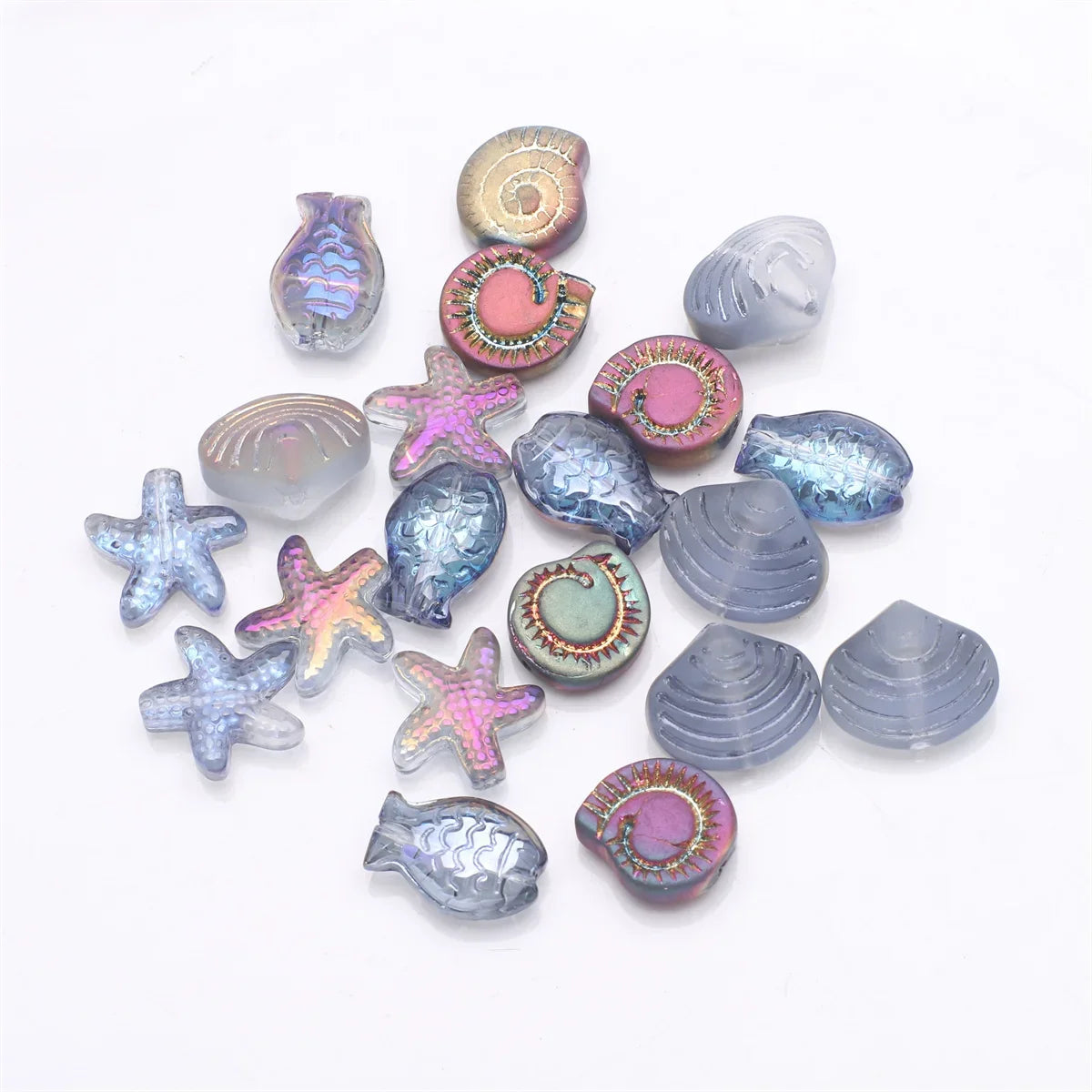 Crystal Ocean Collection, 20Pcs Mixed Glass Beads,  Starfish /Snail /Shell /Small Fish