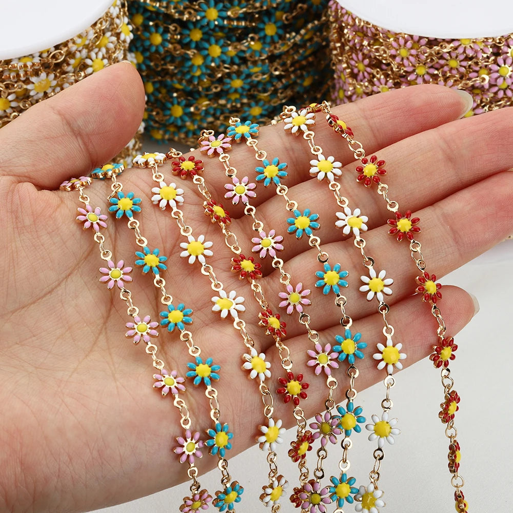 Daisy Flower Copper Chain with Enamel Beads, 1 Meter