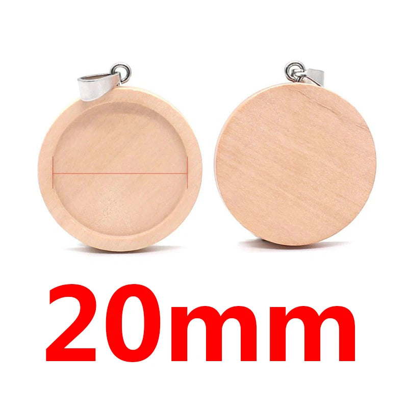 Natural Wooden Cabochon Base Blanks, Stainless Steel Pendant Trays, 10pcs 20/25/30/40mm