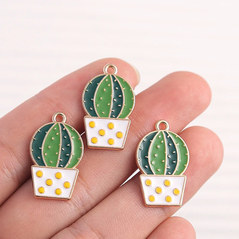 Happy Cactus and Flowers Colorful Enamel Charms, 10pcs