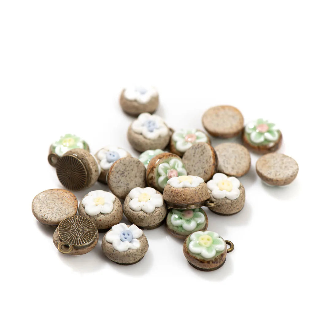 Handmade Ceramic Flower Beads, 5pcs 18mm Porcelain Pendants