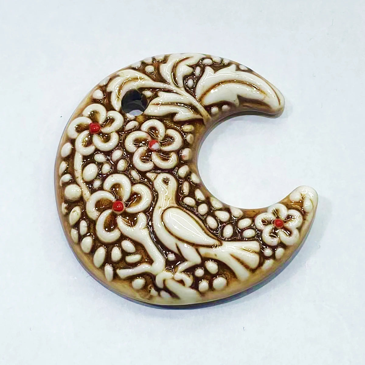 Moon Bird Flowers, Big Ceramic Porcelain Pendant 52*12MM