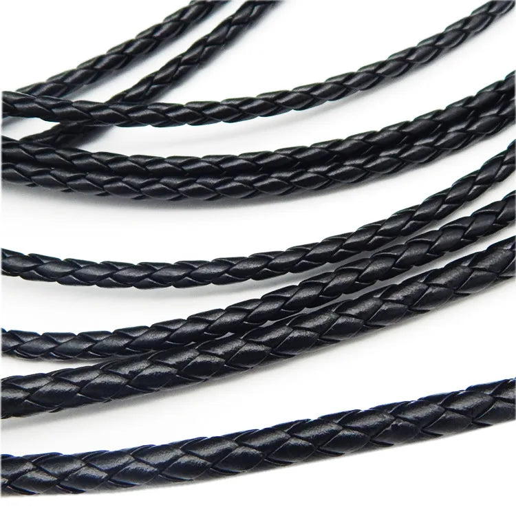 5m Black Round Braided Genuine Real Leather Cord