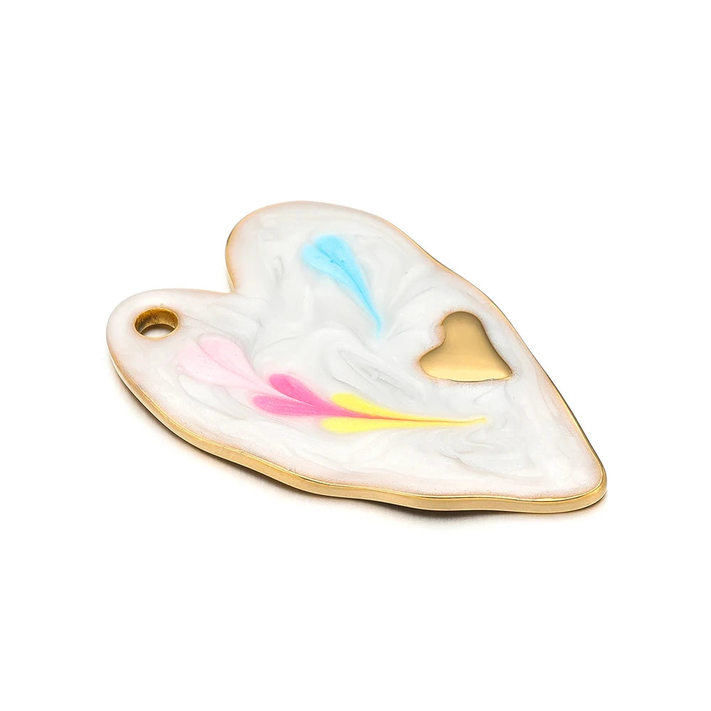 Single Hole Heart Enamel Charms, 5pcs, 18k Gold Plated Stainless Steel