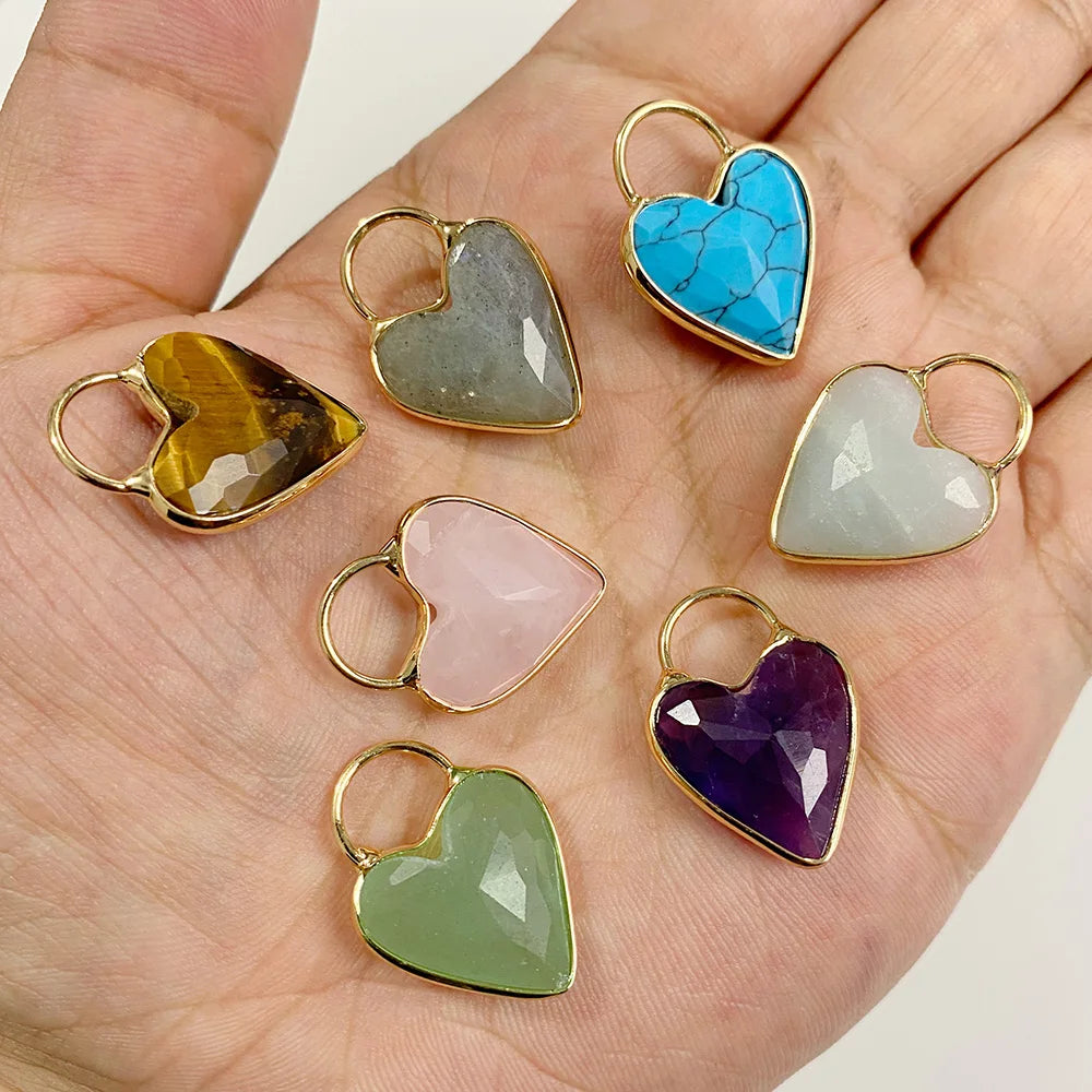 Gemstone Heart Pendants, Labradorite, Amethyst, Quartz, 2pcs 18x25MM