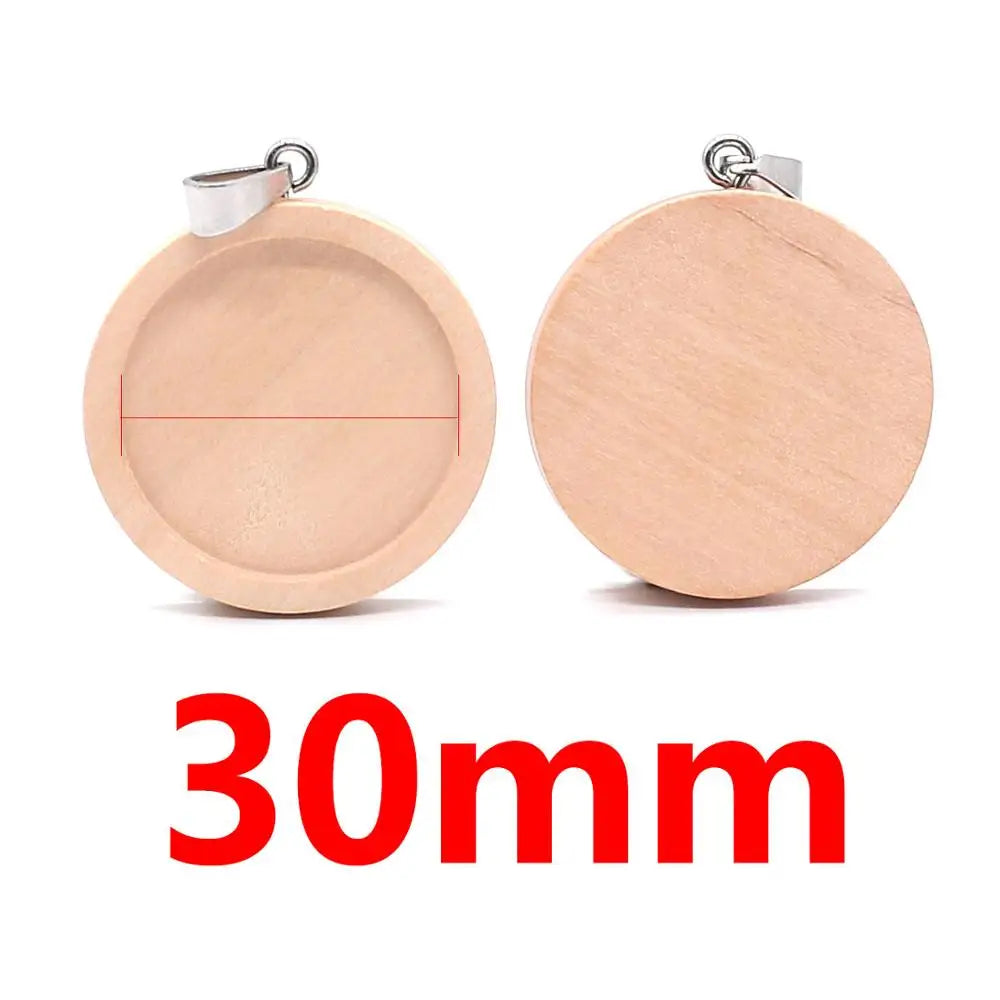 Natural Wooden Cabochon Base Blanks, Stainless Steel Pendant Trays, 10pcs 20/25/30/40mm