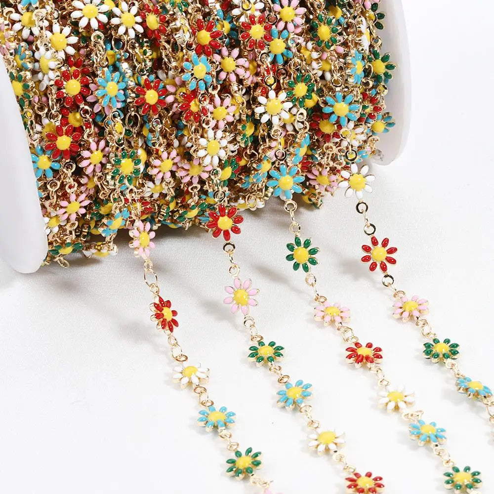 Daisy Flower Copper Chain with Enamel Beads, 1 Meter