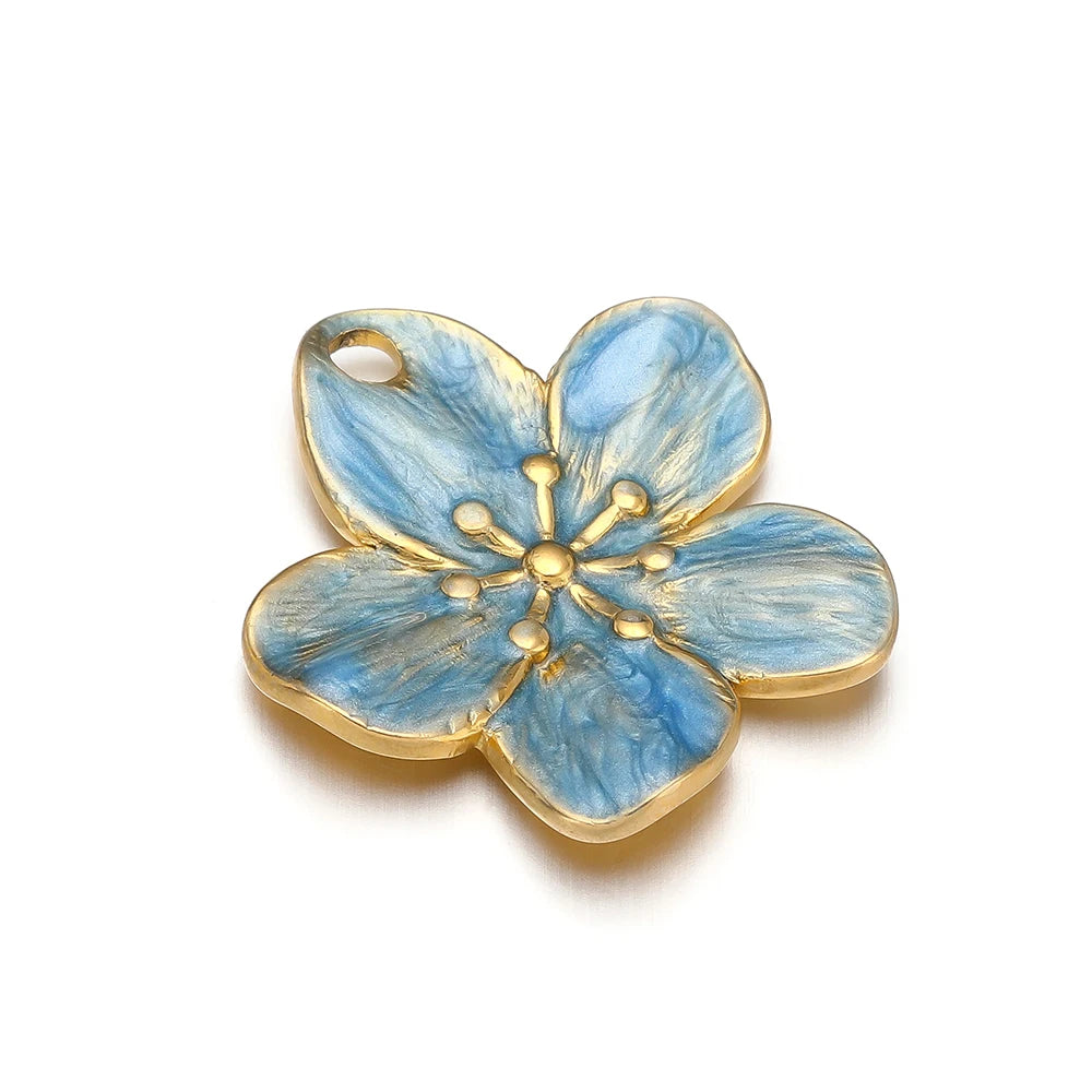 Enamel Flowers, Single Hole Charms, Stainless Steel, 5pcs