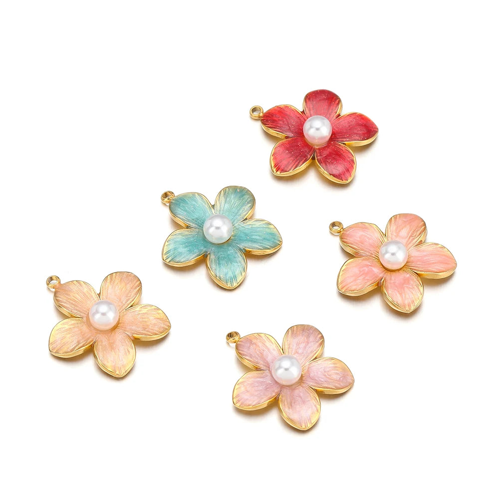 Enamel Flowers, Single Hole Charms, Stainless Steel, 5pcs