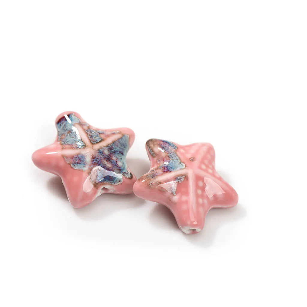 Ceramic Starfish Beads, Porcelain Necklace Findings, 14mm each, 2pcs