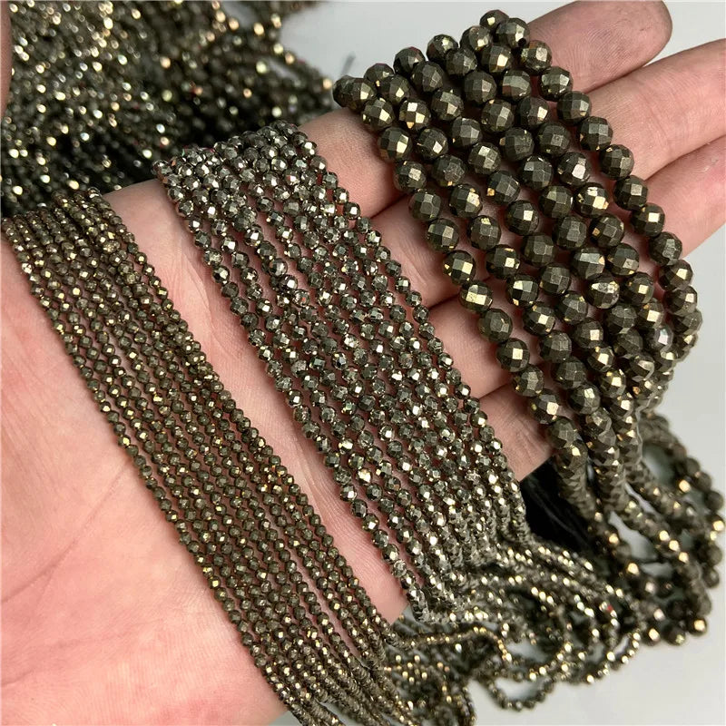 Faceted Natural Iron Pyrite Beads, Sparkly, 2-6mm