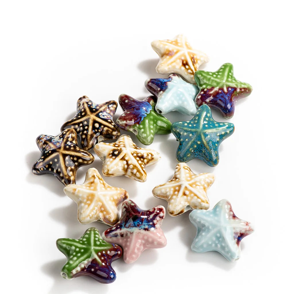 Ceramic Starfish Beads, Porcelain Necklace Findings, 14mm each, 2pcs