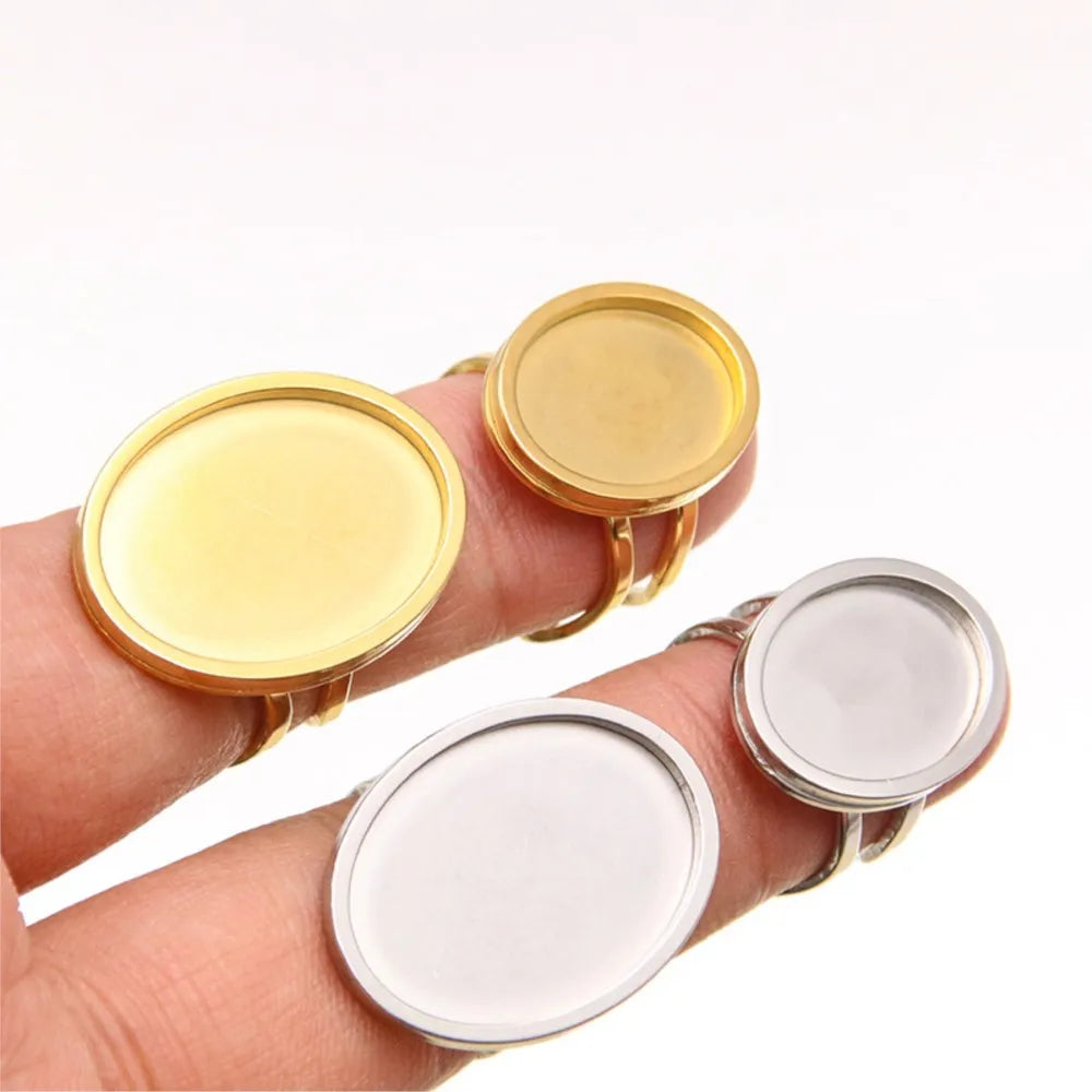 Gold Oval Cabochon Ring Blanks, 2pcs Stainless Steel Base Settings, Adjustable Size