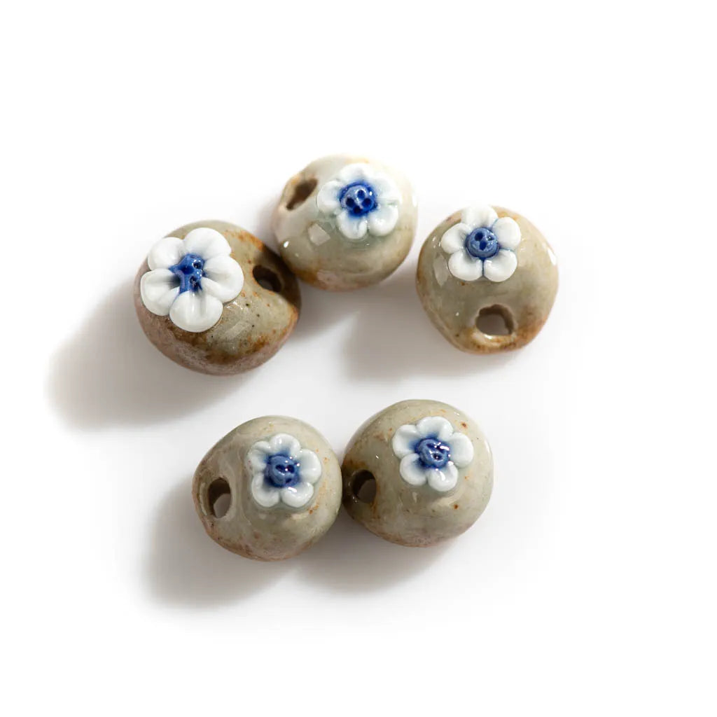 Handmade Vintage Flower Ceramic Beads, 17mm, 5pcs