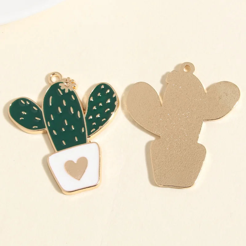 Enamel Heart Cactus Charms, 36x31mm, 5pcs