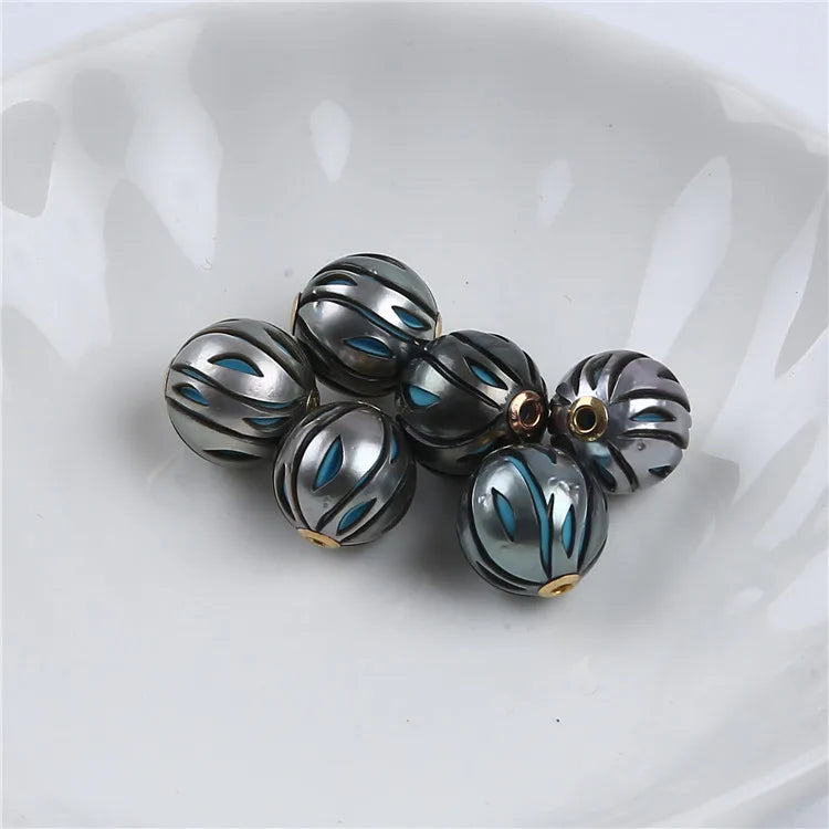 Peacock Black Tahitian Pearl Bead, Carved With 18K Gold Fitting, 11-12mm