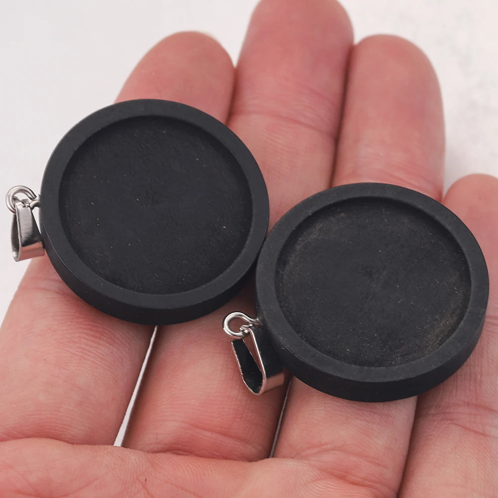 Black Cabochon Base Wooden Blank, Stainless Steel Pendant Trays, 10pcs 20/25/30mm