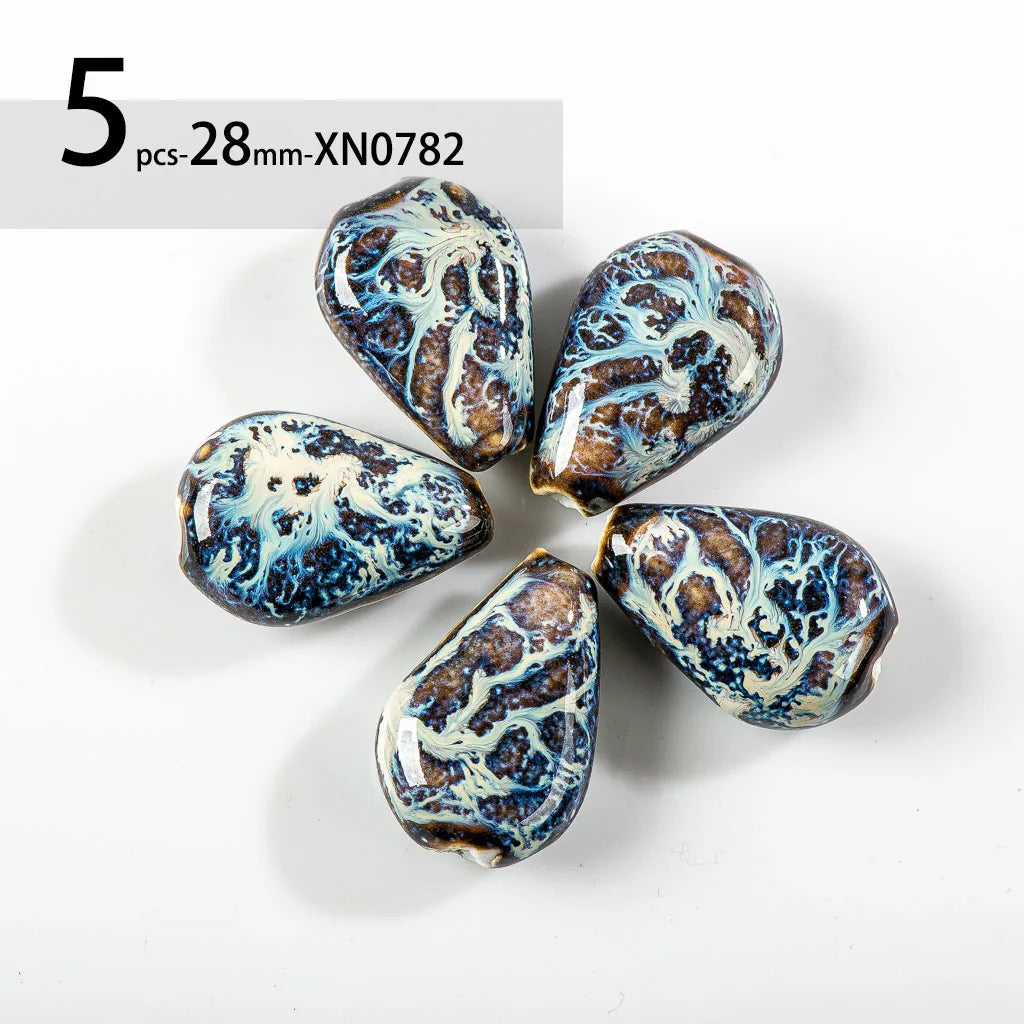 Organic Water Drop Shaped Blue Ceramic Beads, Porcelain 28mm 5pcs