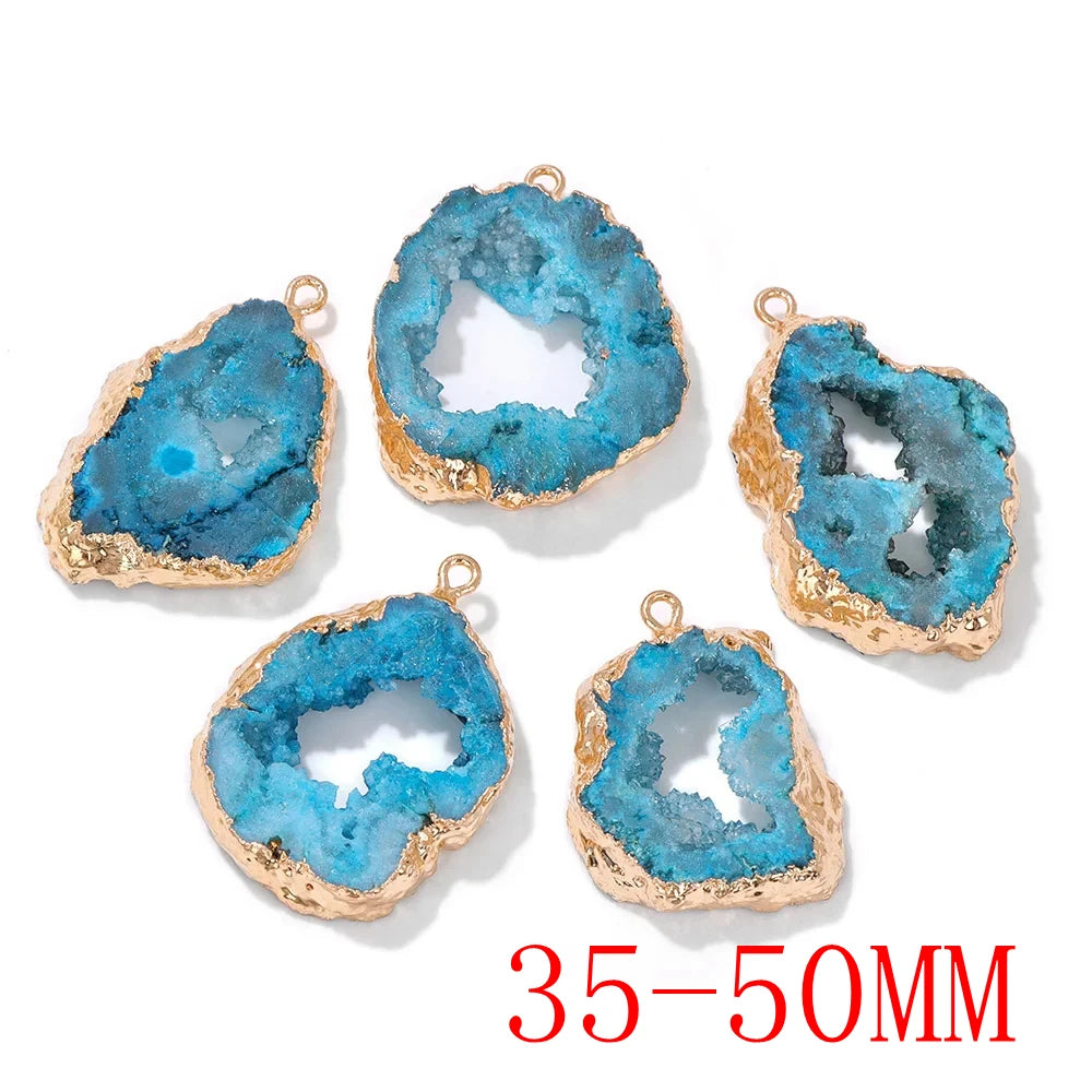 Sparkling Blue Druzy Quartz Pendants, Raw Stone Crystal Agates, Connectors and Charms, 1pc