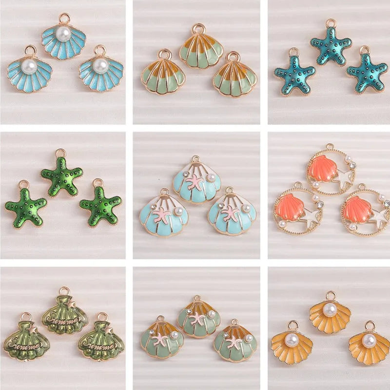 Seashell Lore Enamel Charm Collection, Starfish, Shells with Pearls, 10pc