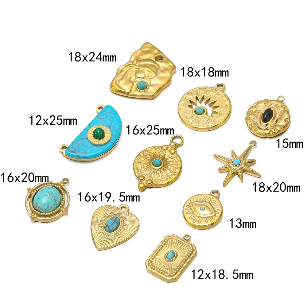 Turquoise & Gold Plated Stainless Steel Pendants, Connector Charms, 5pcs