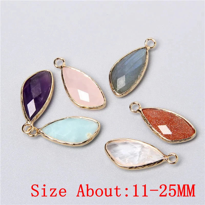 Natural Gemstone Pendant Charms, 2pcs 25-11mm, Amethyst, Rose Quartz, Agate, Amazonite, Opal